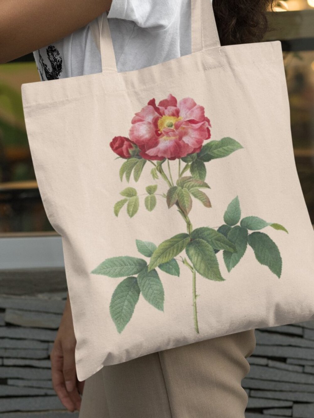 French Rose Vintage Floral Print Graphic Canvas Tote Bag